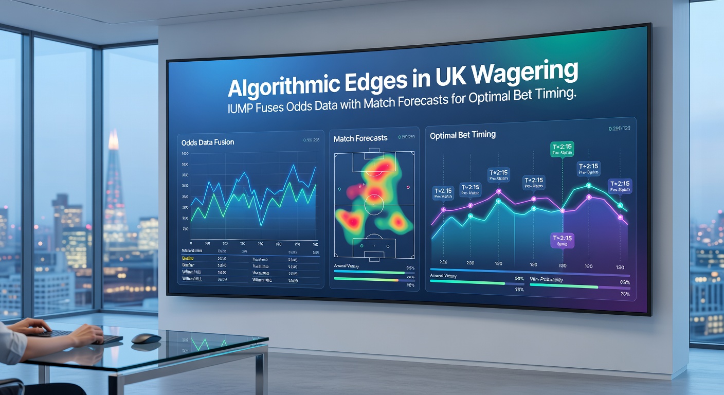 Close-up of IUMP interface showing real-time odds fusion with prediction overlays during a live UK Premier League match, marking optimal bet windows