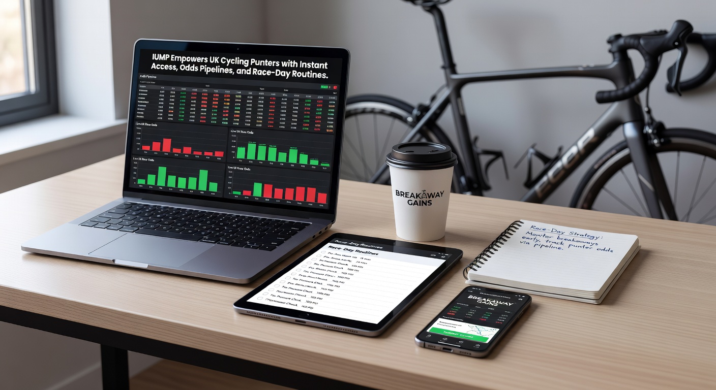 A pack of cyclists surging in a breakaway during a UK road race, with overlaid betting odds interfaces highlighting live pipelines from IUMP