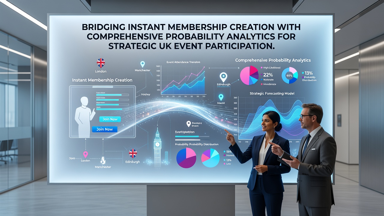 Illustration of instant membership creation process integrated with probability analytics dashboards for UK event participation