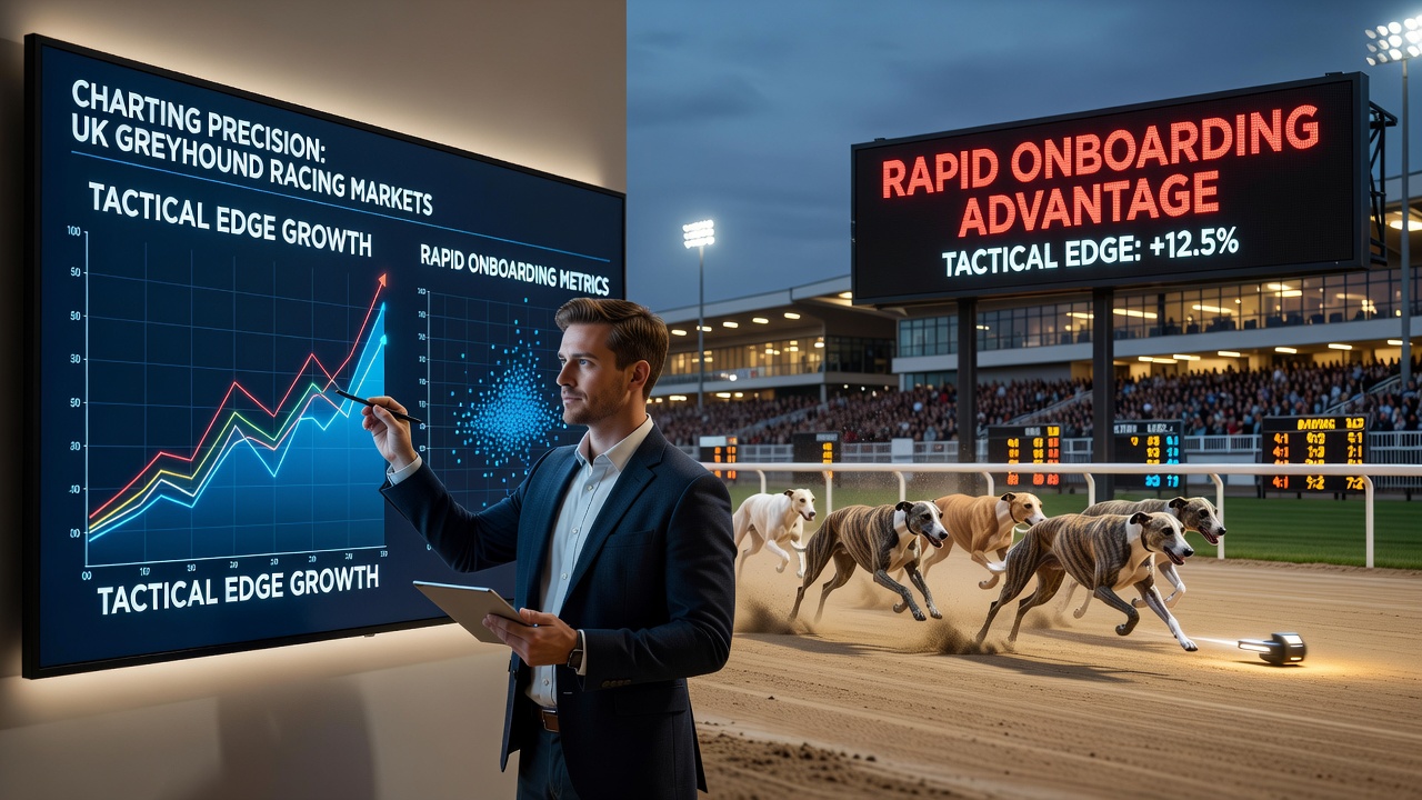 UK greyhound racing track with bettors accessing live odds feeds during evening meets