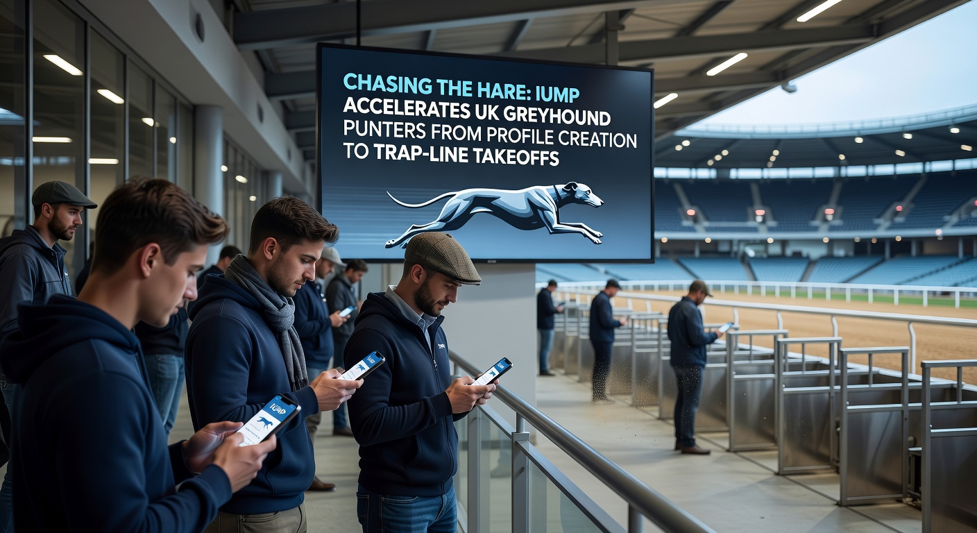 Close-up of a greyhound exploding from the trap, muscles tensed mid-leap toward the distant hare on a straightaway