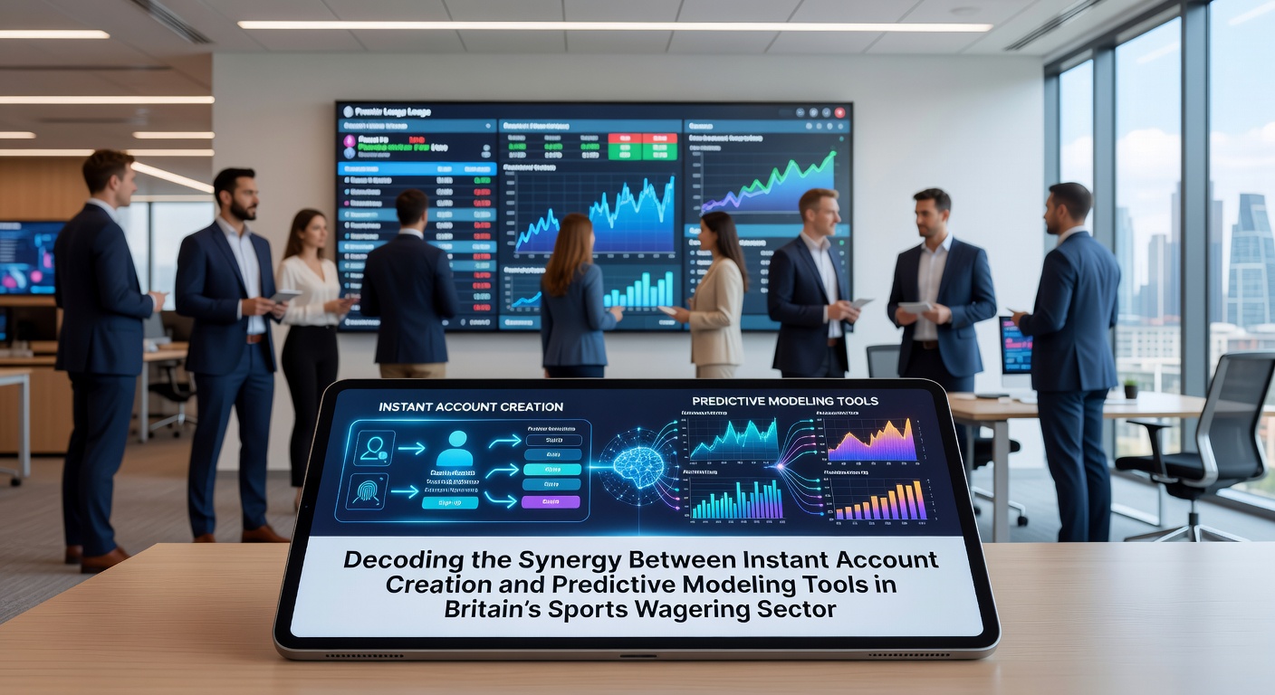 Illustration showing digital interfaces for instant account creation alongside predictive modeling dashboards used in sports wagering platforms