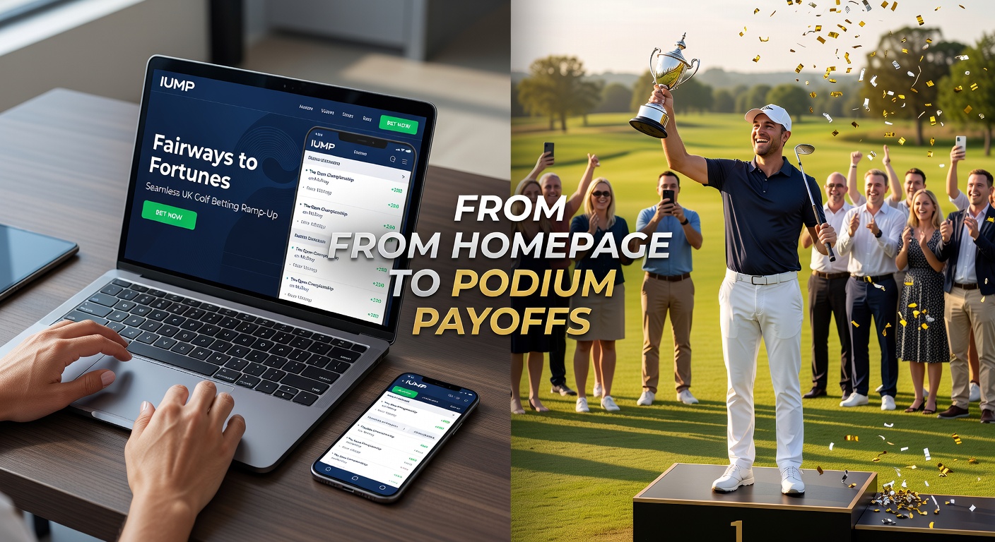 Lush green fairway curving toward a gleaming trophy podium, overlaid with dynamic betting odds streams highlighting major golf tournaments