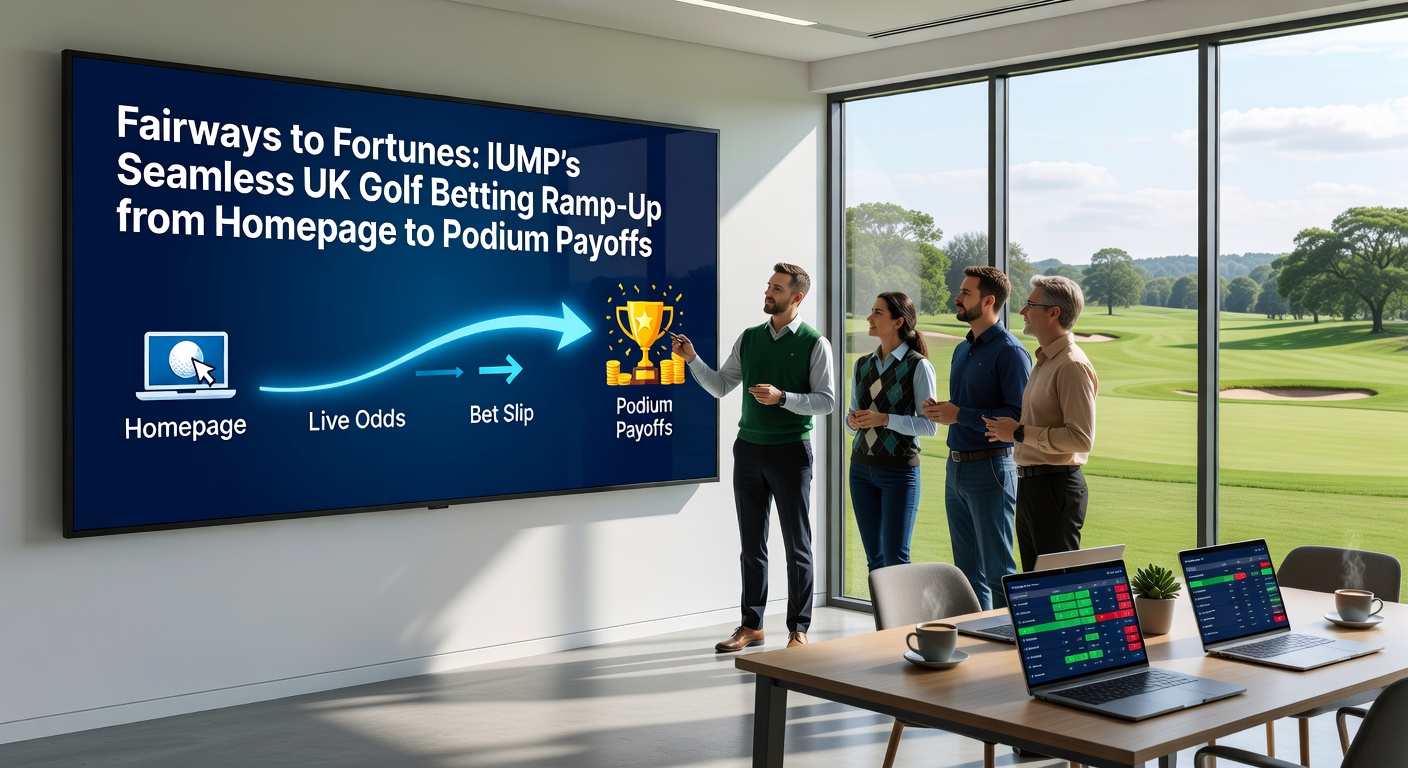 Close-up of a golfer mid-swing on a sunlit course, with holographic odds displays and IUMP bet slip interface floating nearby