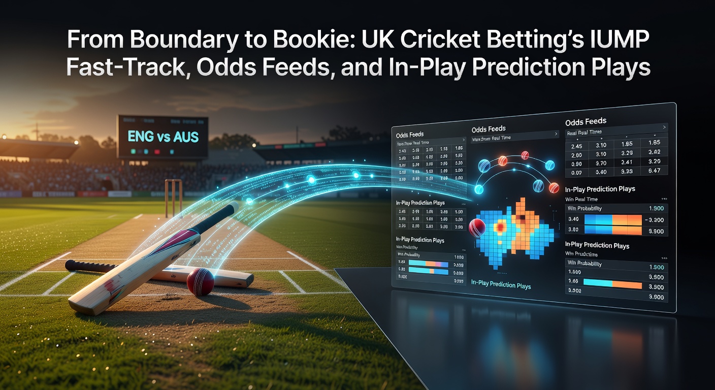 Cricket players in action on a UK pitch with betting odds overlay, highlighting the thrill from boundary hits to live wagering decisions