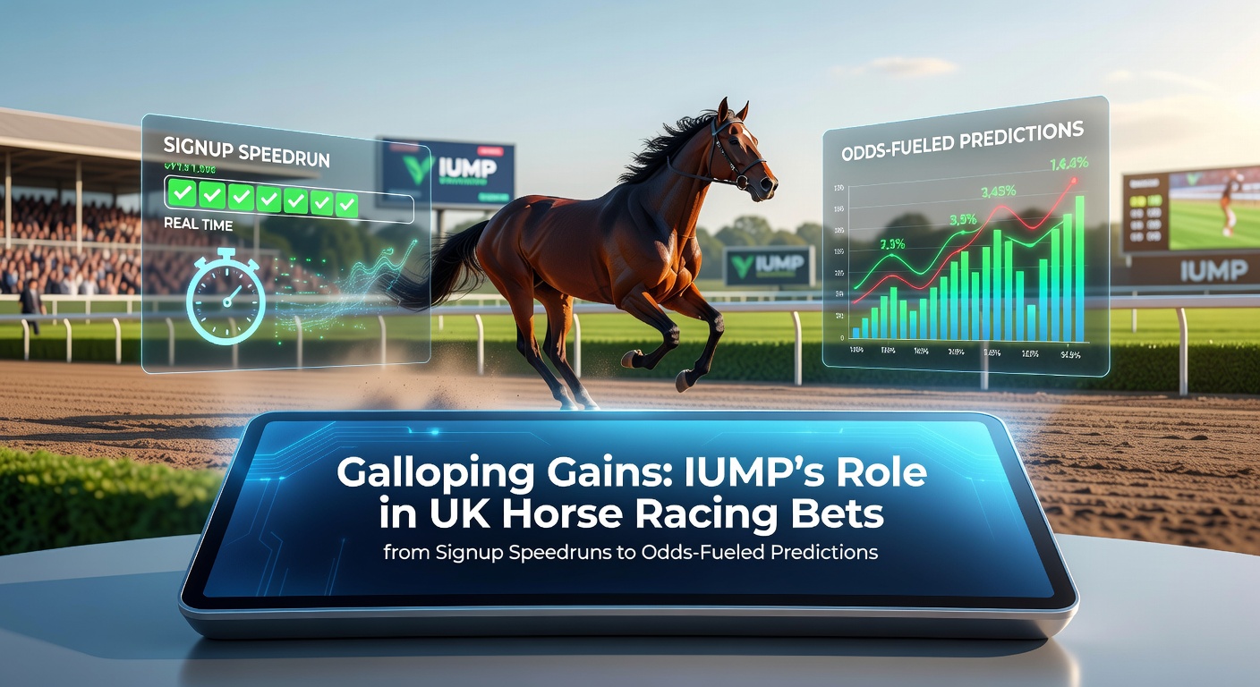 A dynamic scene of horses racing on a UK track with overlaid betting odds and IUMP interface elements highlighting quick signup and prediction tools