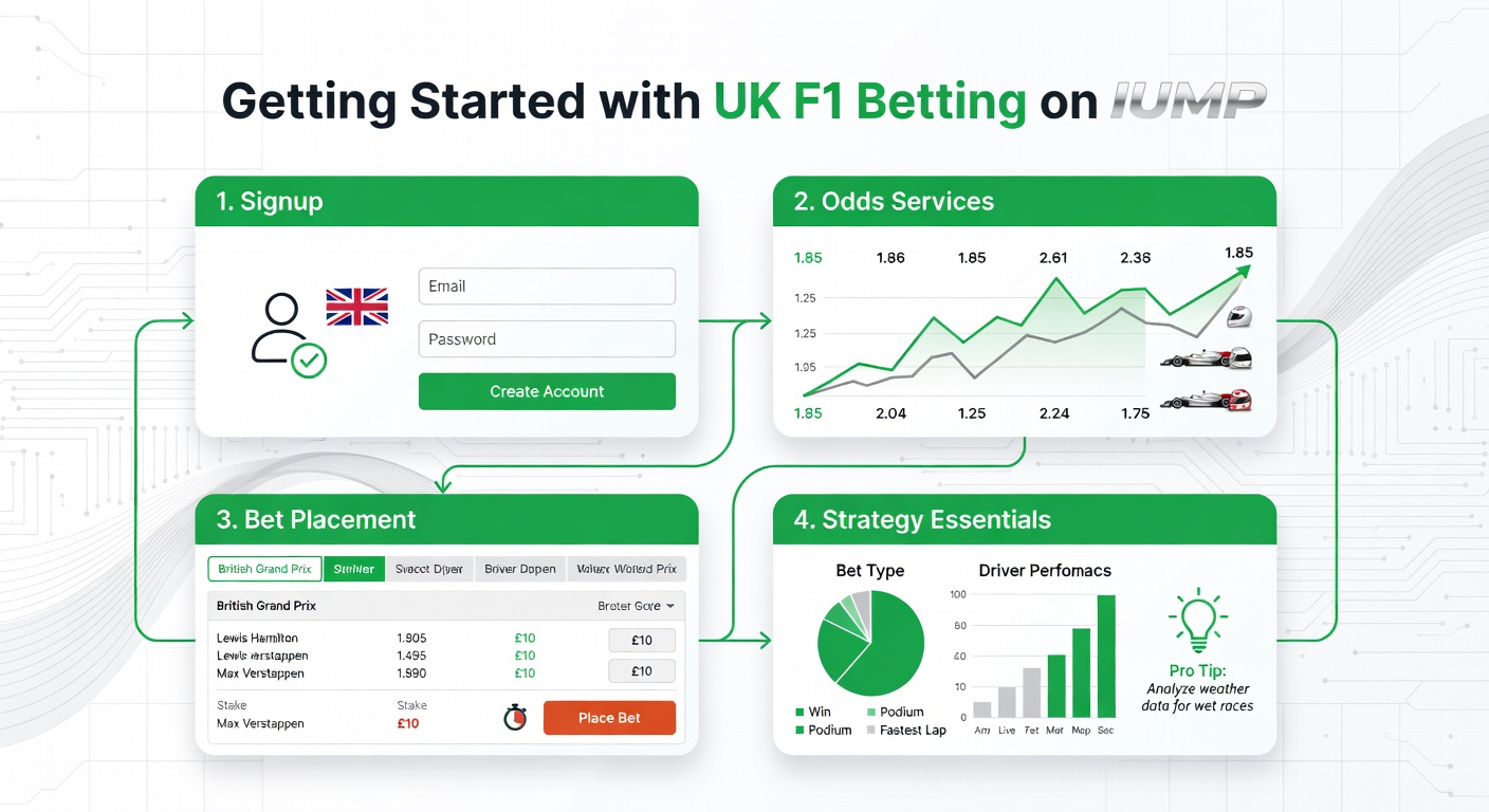 IUMP betting dashboard displaying live F1 odds for upcoming races, with graphs tracking driver performance and market movements