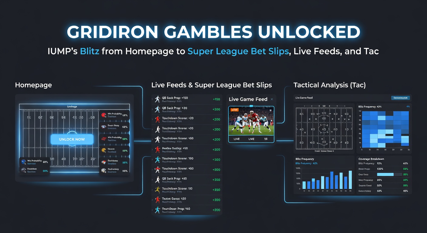 Live IUMP bet slip interface displaying Super League gridiron odds, player props, and real-time tactical predictions