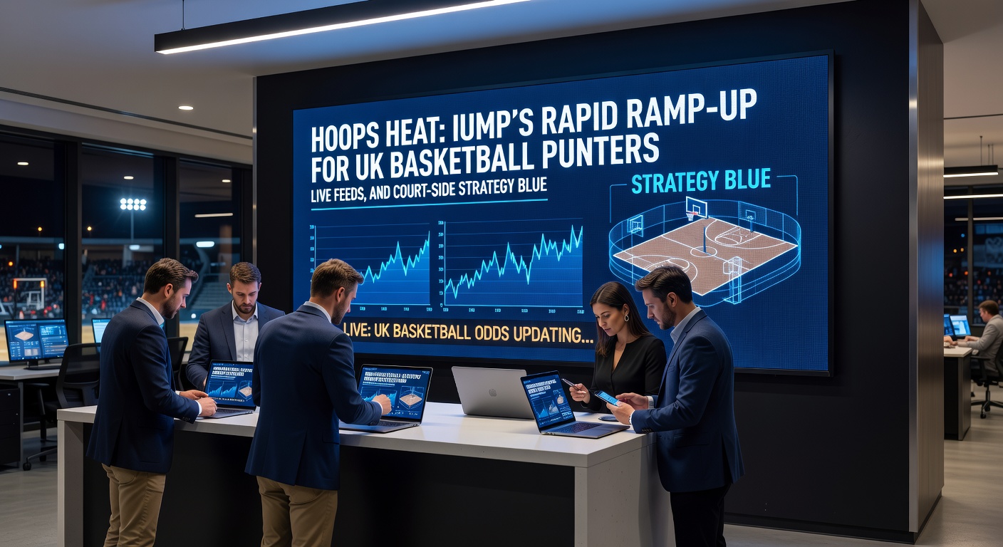 Dynamic IUMP interface displaying live basketball odds feeds for BBL playoffs, strategy blueprints, and in-play bet slips on a laptop screen