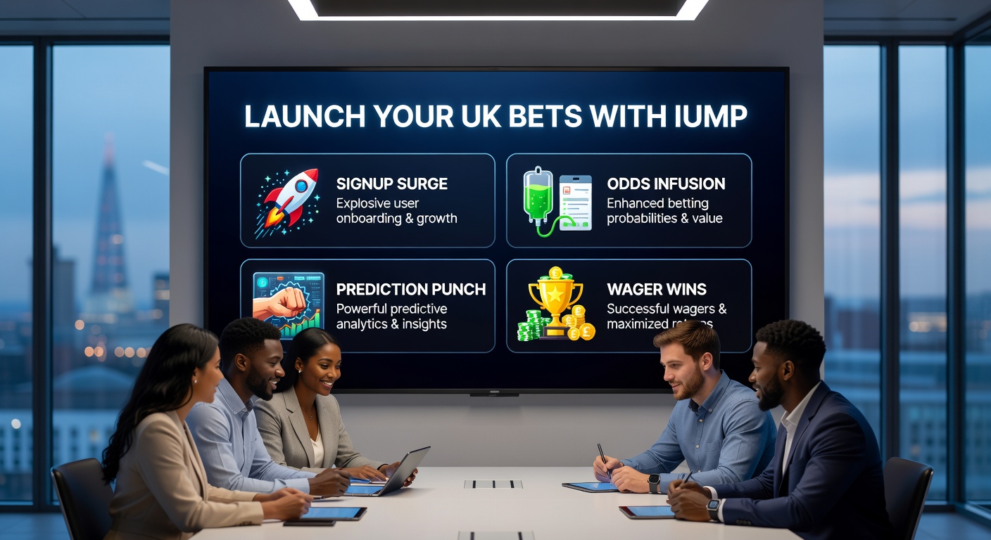 IUMP predictions interface showcasing data-driven forecasts with wager success charts for UK sports events