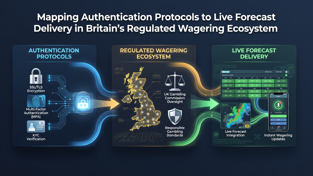 Diagram showing authentication protocol layers connected to real-time data delivery pipelines in a regulated betting system