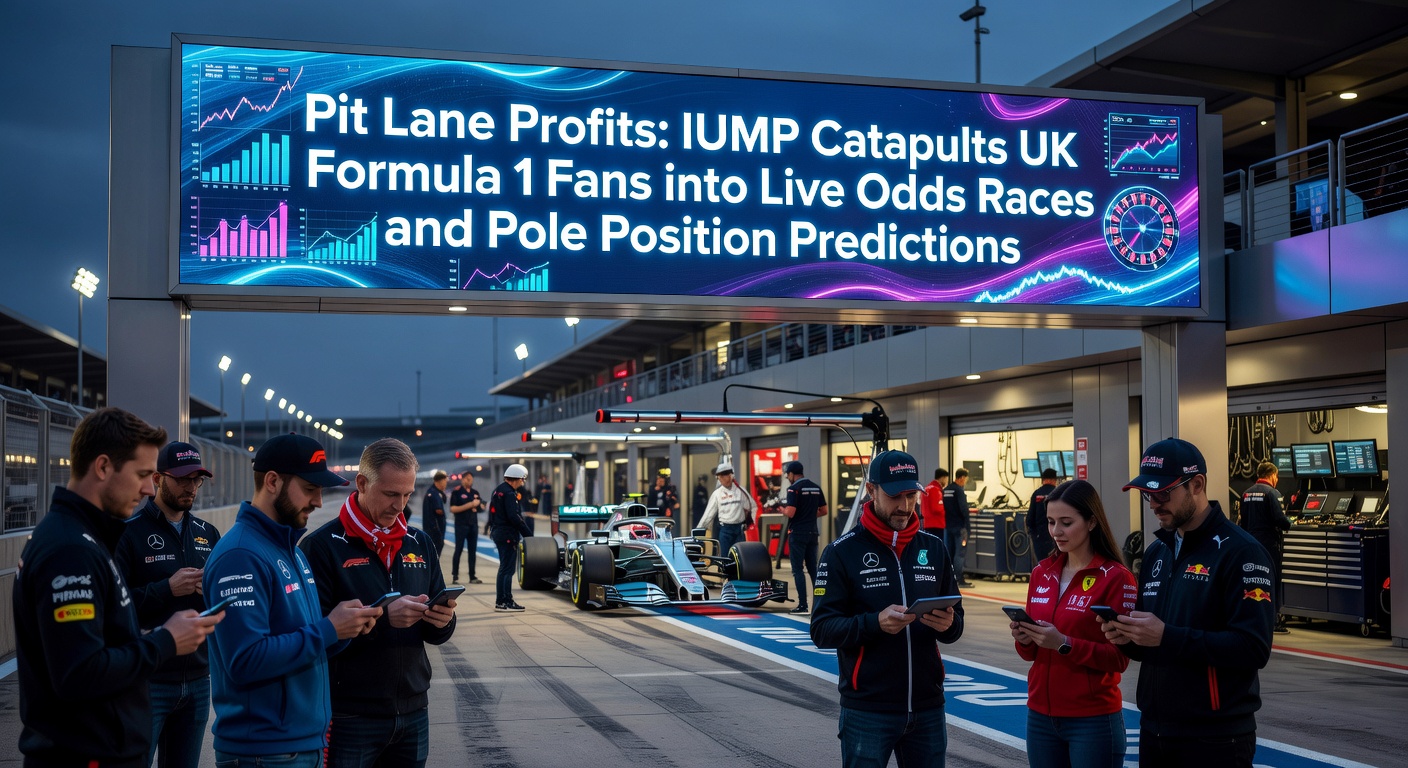 Formula 1 cars speeding down the pit lane with overlaid live odds displays highlighting real-time betting opportunities for UK fans