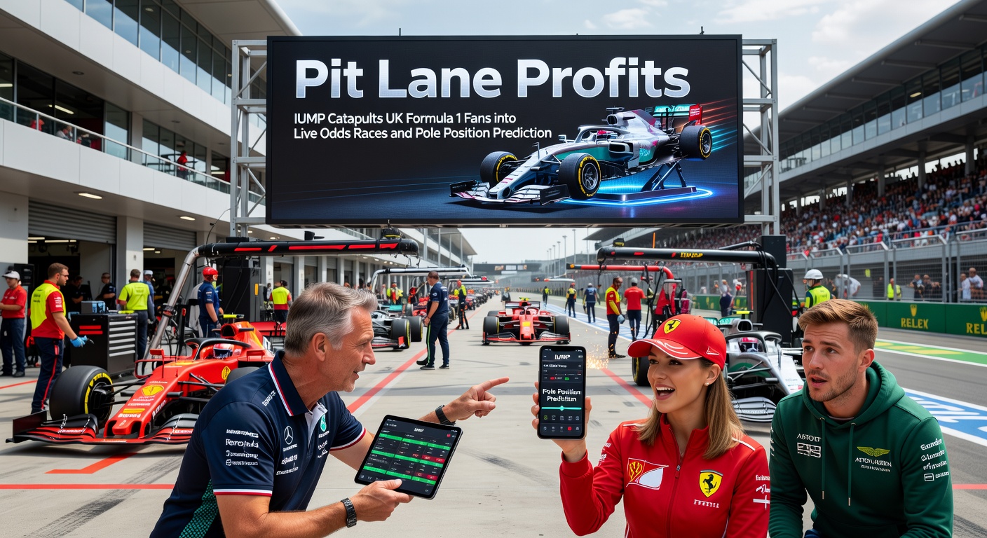 Dynamic screenshot of IUMP interface showing live F1 odds fluctuating during a race, with pole position predictions highlighted alongside pit lane strategy visuals