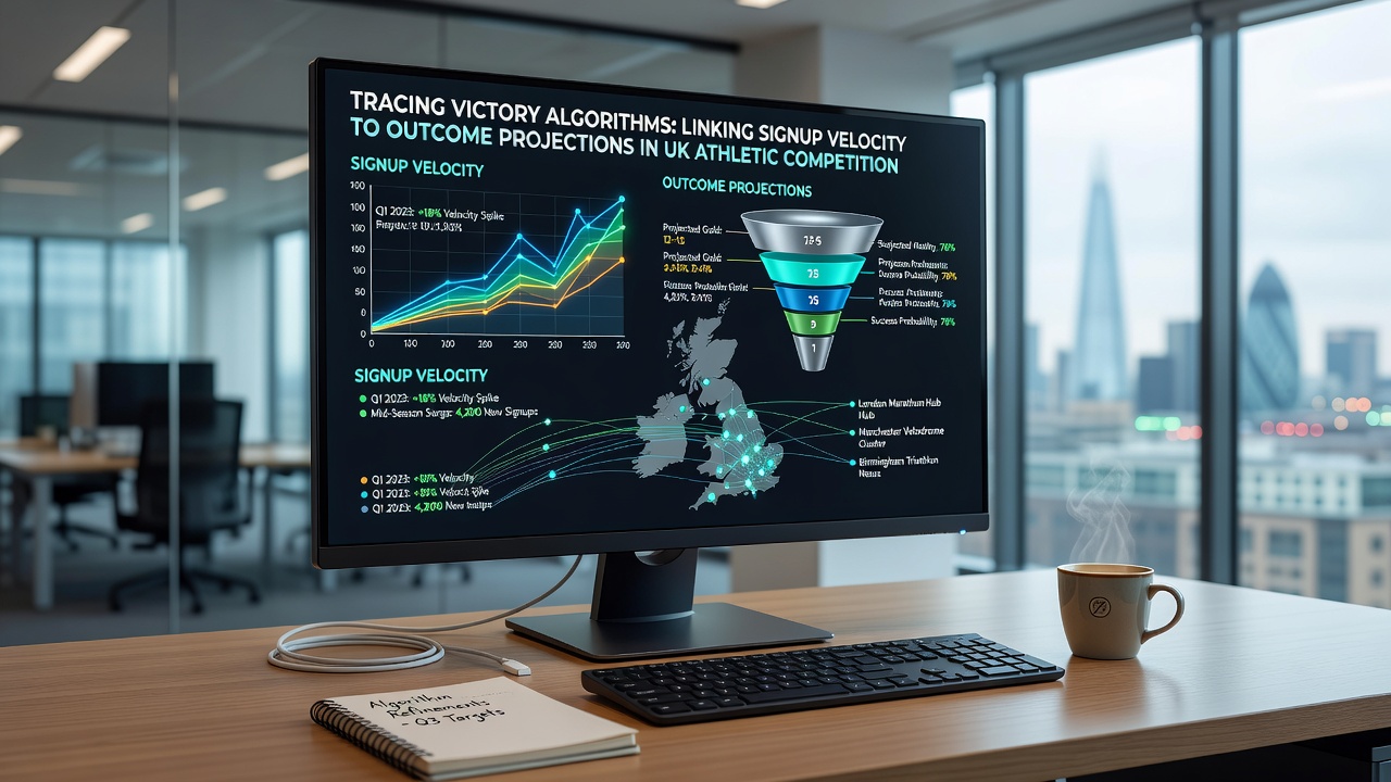 Analysts reviewing real-time signup velocity charts overlaid on UK athletic competition schedules and projection outputs